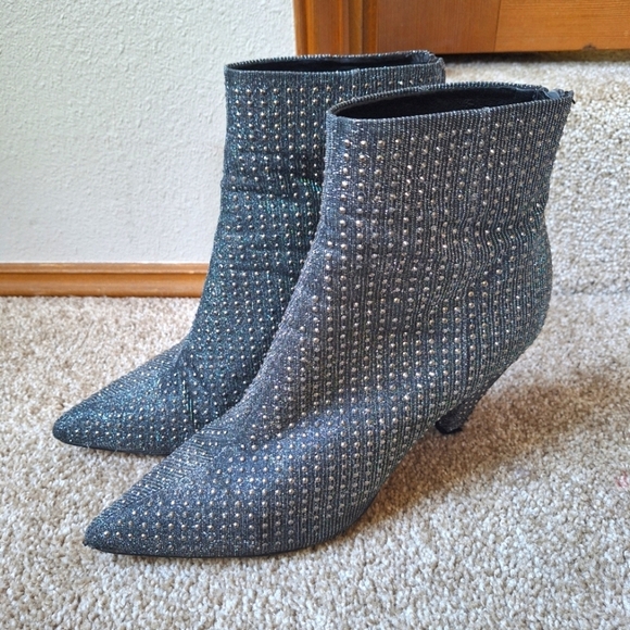 Steve Madden Jules Pewter Rhinestone Side Zip Pointed Toe Heeled Bootie Size 9 - Picture 1 of 8